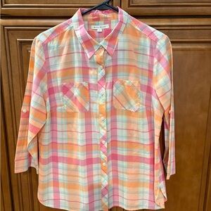 Studio Works Pink and Orange Plaid Shirt Size Large